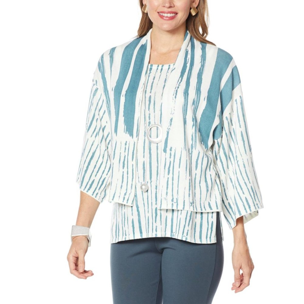 MarlaWynne Brushstroke Print Sweater Knit Cardigan ONLY in Sea Blue Combo